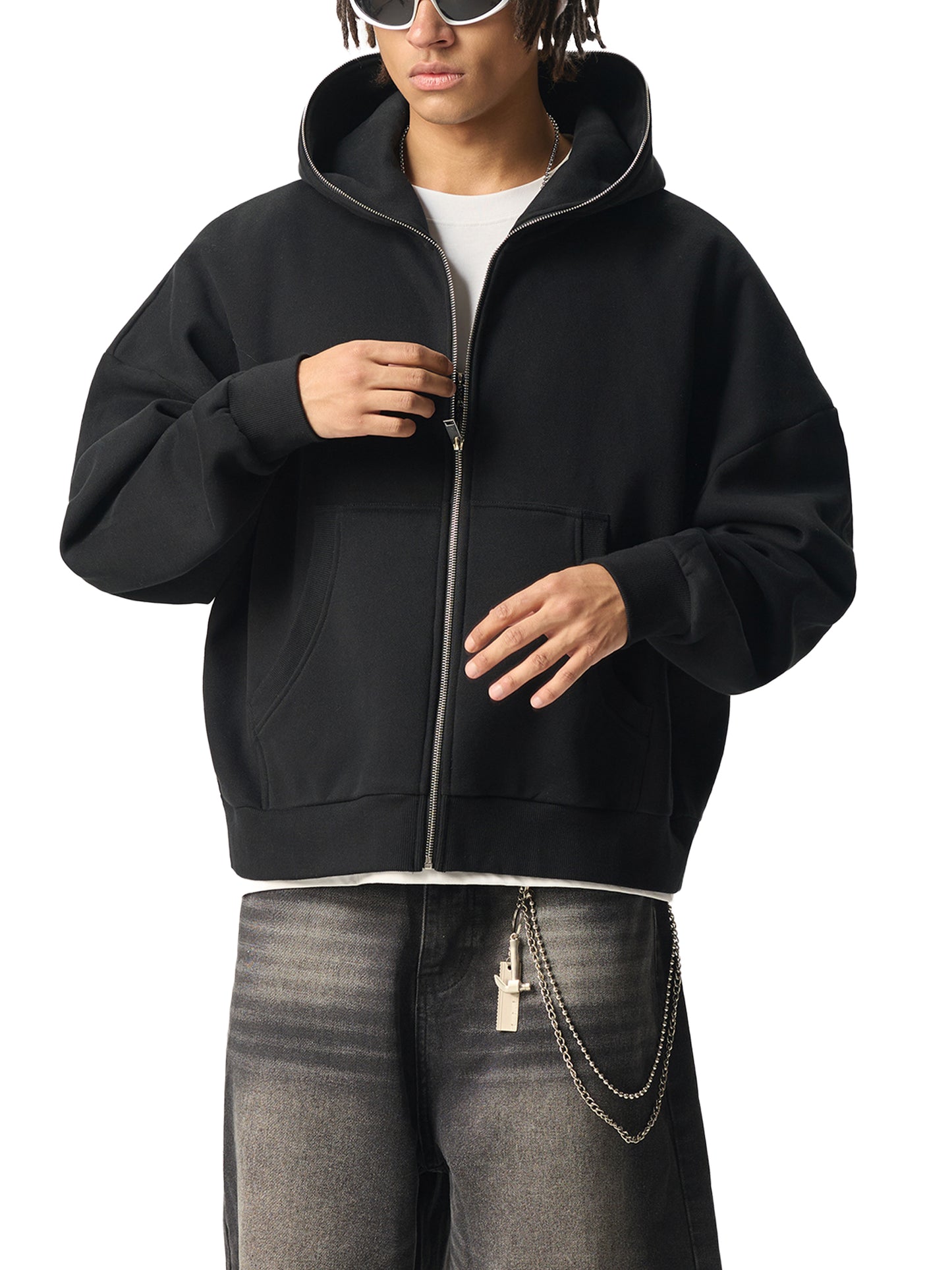 "GONE" Fleeced Full-Zip Boxy Hoodie