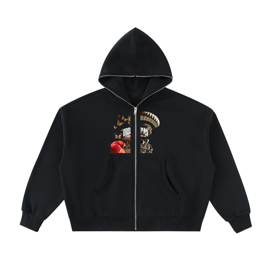 "GONE" Fleeced Full-Zip Boxy Hoodie