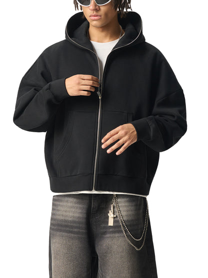 "GONE" Fleeced Full-Zip Boxy Hoodie